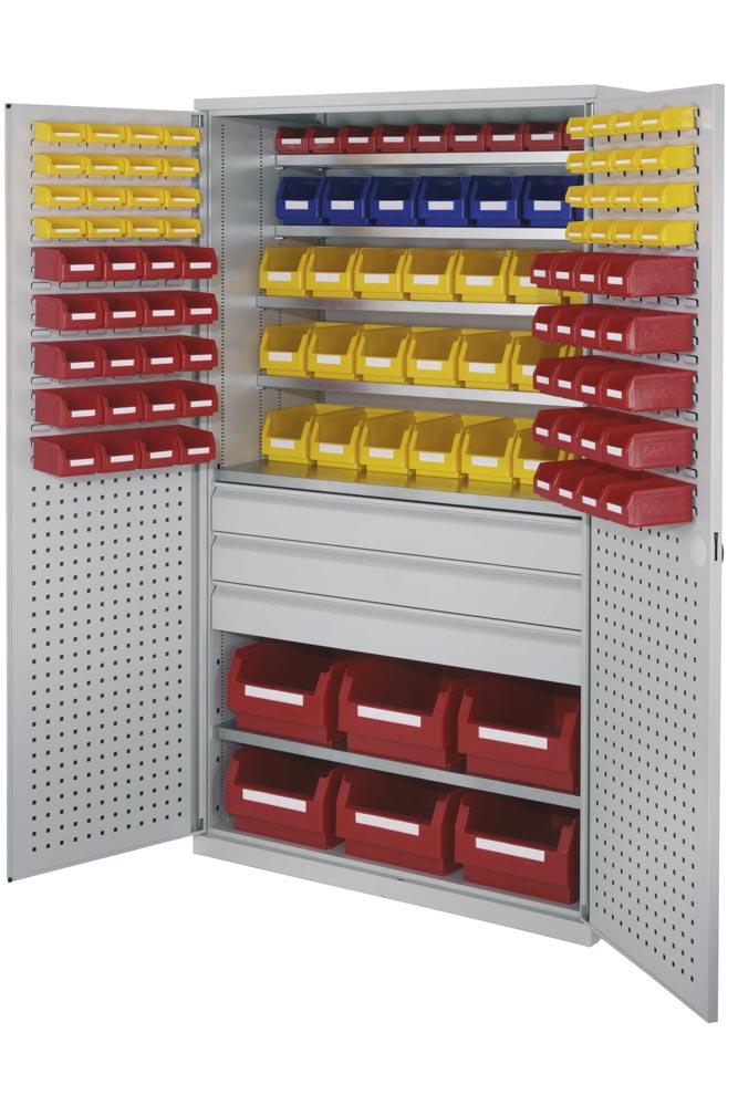 Großraumschrank, Türen mit Lochplatten, Kästen: 20xGr. 4, 28xGr. 6, 30xGr. 7, BxTxH 1130x590x1950 mm, RAL 7035 lichtgrau