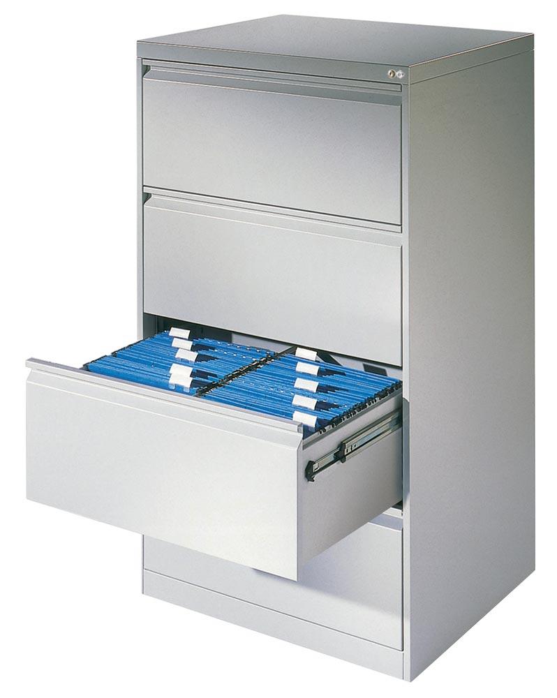 Hängeregistraturschrank, BxTxH 433x590x1357 mm, einbahnig, 4 Schubladen, Griffleiste, RAL 7035 lichtgrau