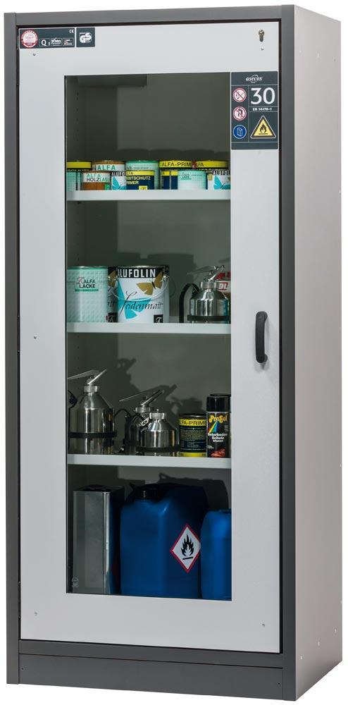 Gefahrstoffschrank m. Sichtfenstertüren, BxTxH 864x620x1947 mm, 3 Böden, 1 Bodenwanne, 1 Lochblech, FWF 30, ähn. RAL 7016/7035