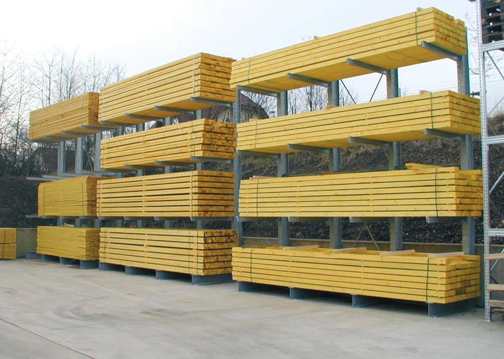 Kragarmregal, doppelseitig, 8 Kragarme, 2 Fußebenen, BxTxH 3000x(2x)1250x3000 mm, Traglast Arm/Gesamt 475/14250 kg, RAL 7001/3000 silber/rot