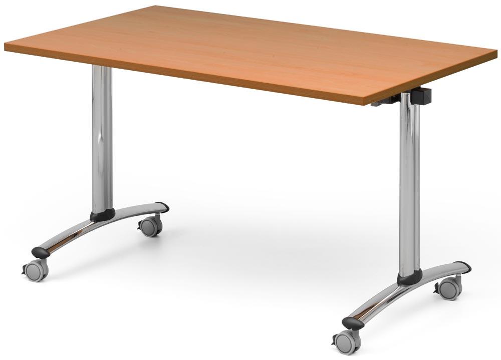 Klapptisch, BxTxH 1200x800x730 mm, T-Fuß-Säulen-Gestell weissalu, fahrbar, melaminbesch. Platte buche