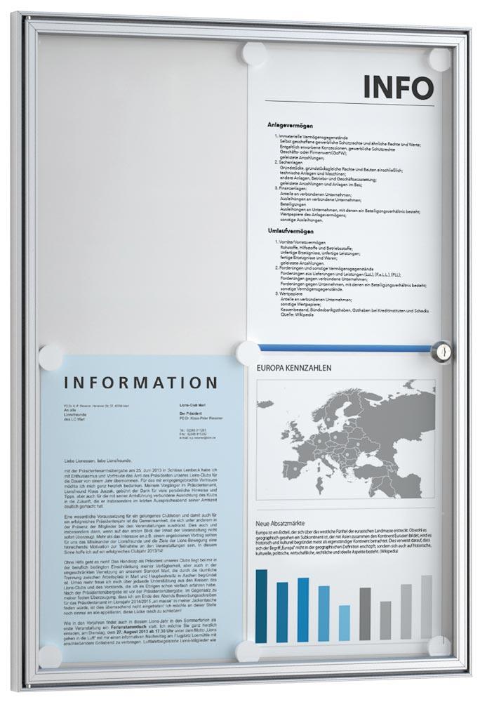 Basic-Schaukasten, Ecken normal, spitz, eloxiert, alusilberfarbig, DIN  4xA4, BxH 480x650 mm, Sichtfläche 430x600 mm