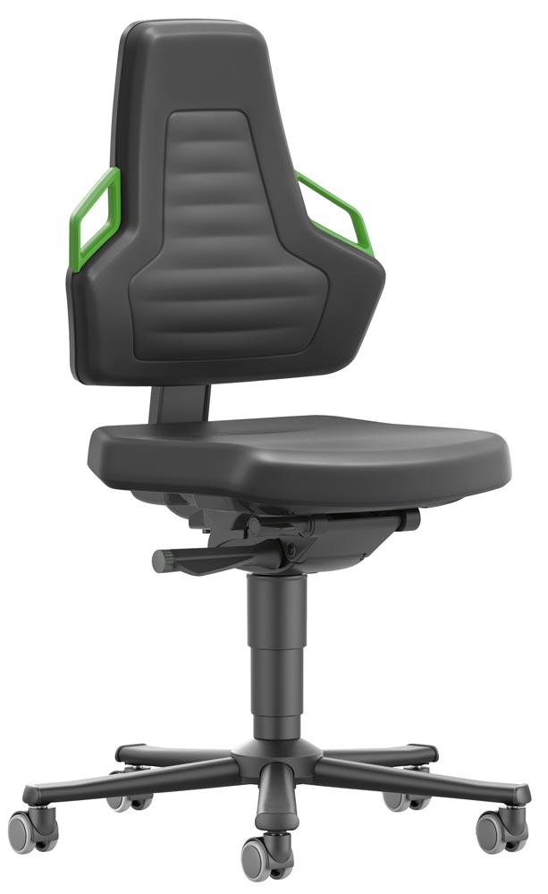 Arbeitsdrehstuhl mit autom. Gewichtregulierung, Sitz Integralschaum schwarz, Griffe grün, Rollen, Sitz Höhe 450-600 mm