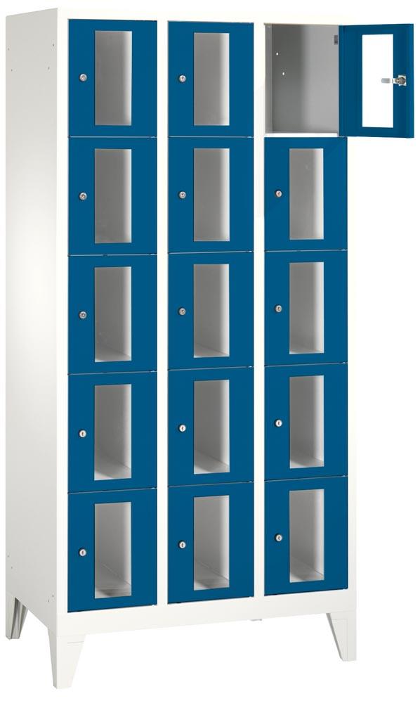 Fächerschränke mit Füßen und Sichtfenstertüren, 3x5 Fächer, Schloss, BxTxH 900x500x1850 mm, Abt. B 300 mm, RAL 7035/5010