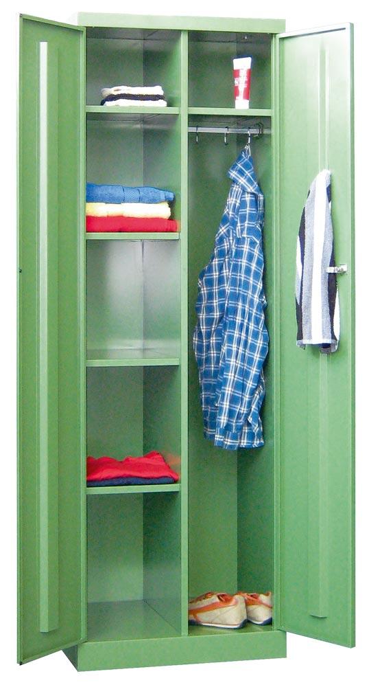 Kleider-Wäscheschrank mit Sockel, mittig Trennw., li. 4, re 1 Boden und Stange mit 3 Haken, BxTxH 600x500x1800 mm, RAL 6011